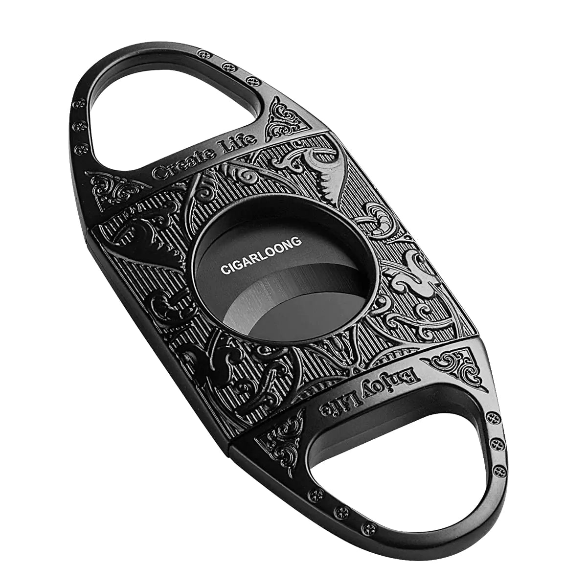 CIGARLOONG Cigar Cutter Black Engraved Stainless Steel Double Blades Cigar Guillotine