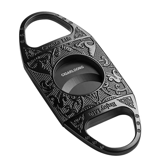 CIGARLOONG Cigar Cutter Black Engraved Stainless Steel Double Blades Cigar Guillotine